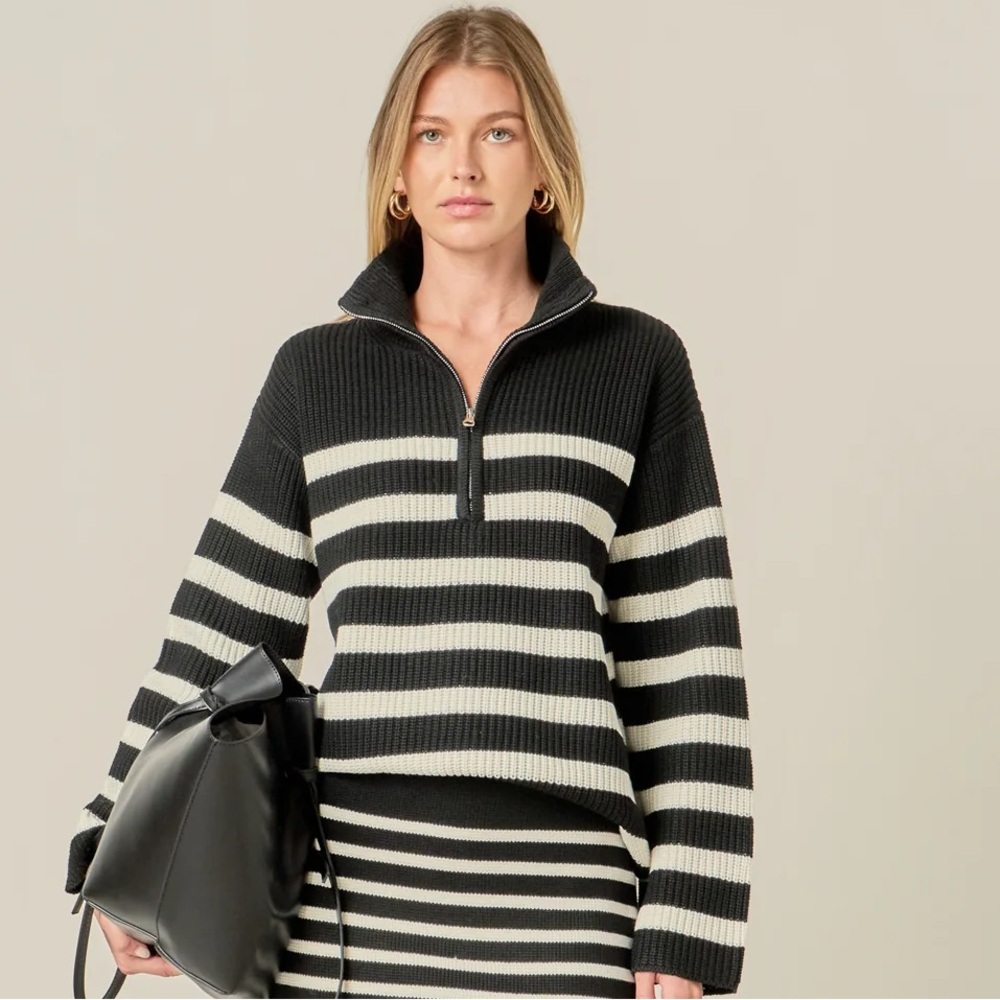 English Factory Black and White Striped Half-Zip Relaxed Sweater Wool Blend XS